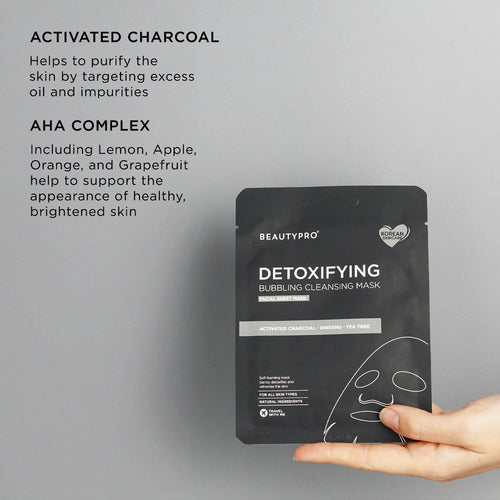 Detoxifying bubbling cleansing mask packaging with text on a gray background