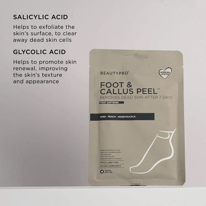 Foot and callus peel packaging with text about salicylic and glycolic acids on a gray background