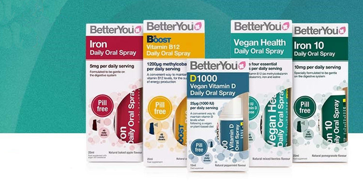 Selection of Better You spray supplements on teal background