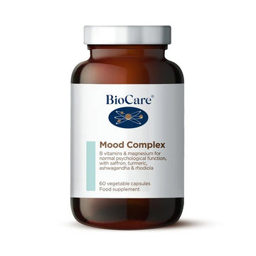 BioCare Mood Complex food supplement in an amber brown bottle with a white cap and white label, on a white background.