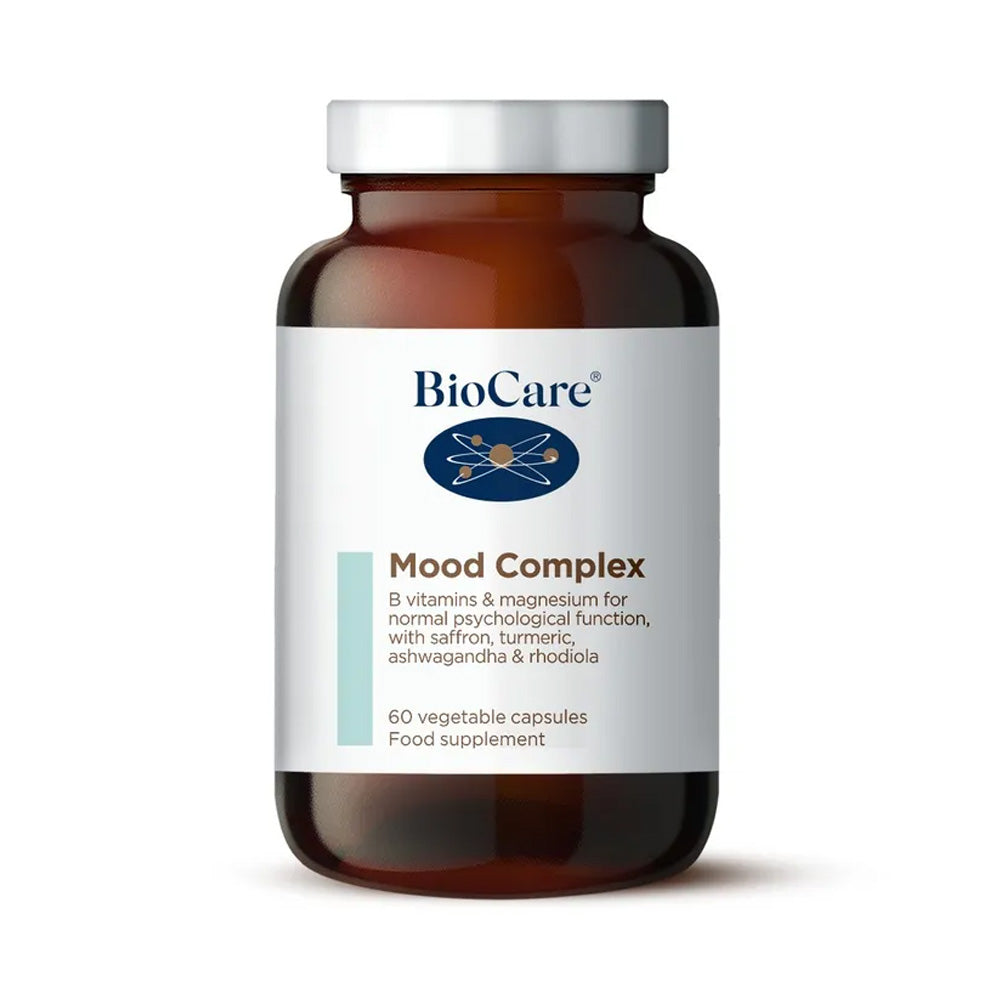 BioCare Mood Complex food supplement in an amber brown bottle with a white cap and white label, on a white background.