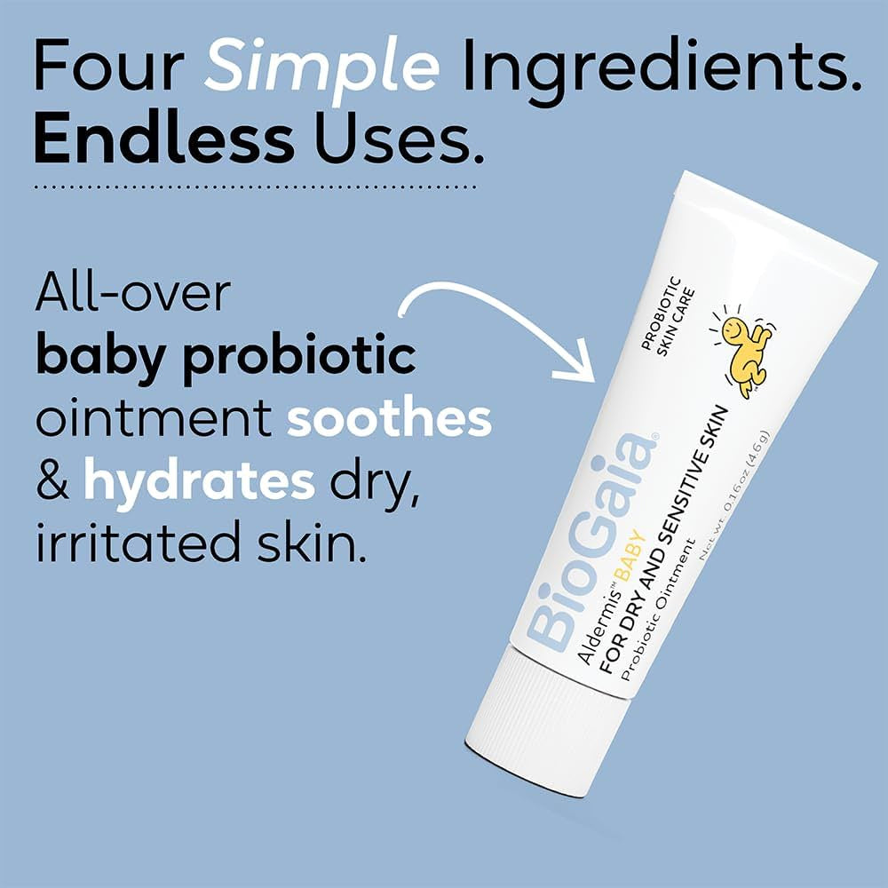 BioGaia baby ointment tube with text on a blue background