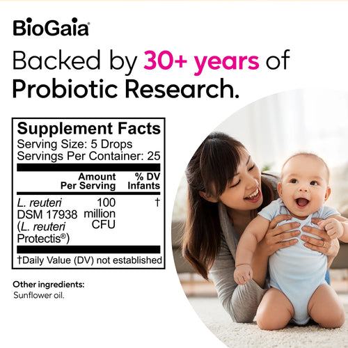 BioGaia supplement label with a woman and baby, emphasizing probiotic research.