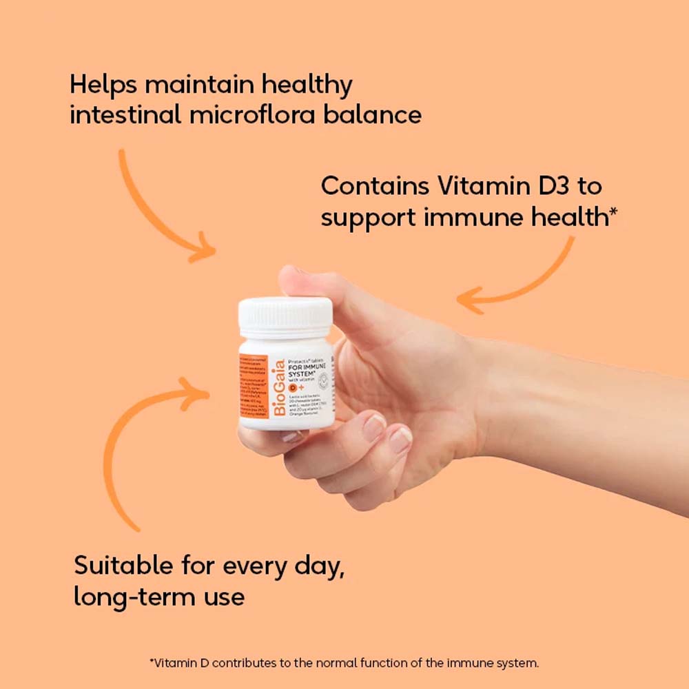 Hand holding BioGaia Protectis Probiotics with Vit D+ witharrows pointing towards text highlighting the products benefits on a orange background