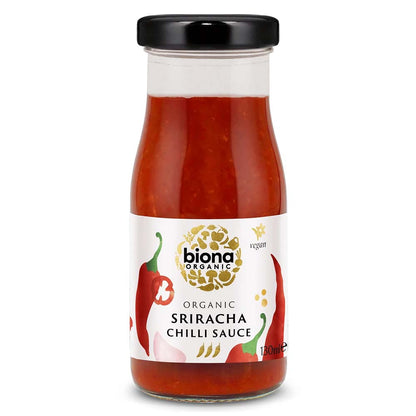 A glass bottle of Biona Organic Sriracha Chilli Sauce