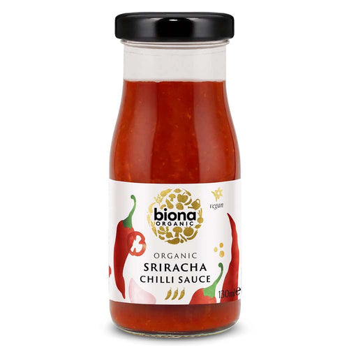 A glass bottle of Biona Organic Sriracha Chilli Sauce