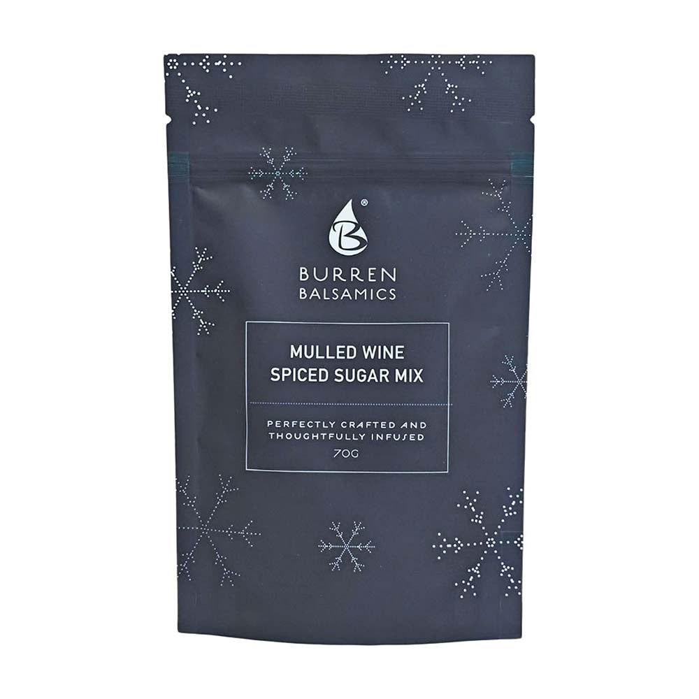 Dark grey stand-up pouch of Burren Balsamics Mulled Wine Spiced Sugar Mix decorated with white snowflake illustrations.