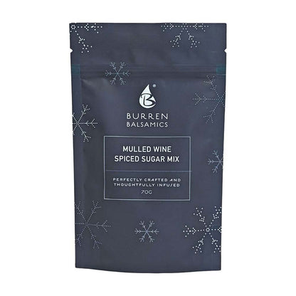 Dark grey stand-up pouch of Burren Balsamics Mulled Wine Spiced Sugar Mix decorated with white snowflake illustrations.