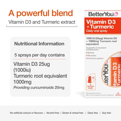 BetterYou Vitamin D3 + Turmeric daily oral spray packaging and blend information