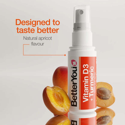 A white spray bottle labeled BetterYou Vitamin D3 + Turmeric with apricot flavour