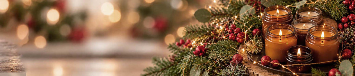 Chriatmas banner with candles, festive foliage and soft christmas lights