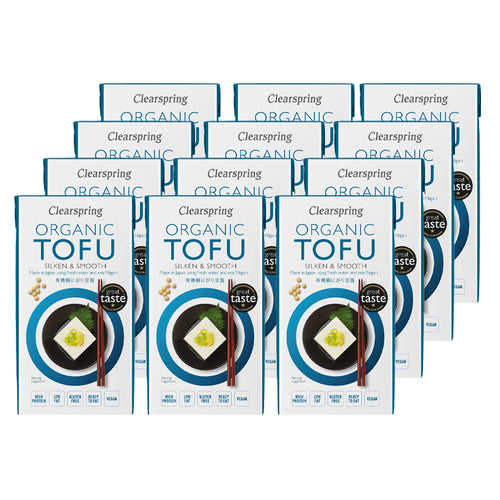Multiple boxes of Clearspring Organic Tofu on a white background