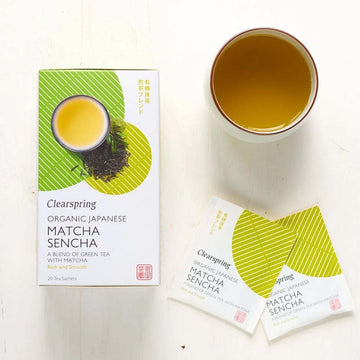 Clearspring Organic Japanese Matcha Sencha packaging with a cup of tea