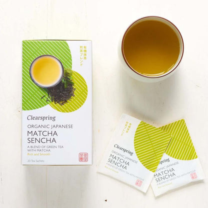 Clearspring Organic Japanese Matcha Sencha packaging with a cup of tea