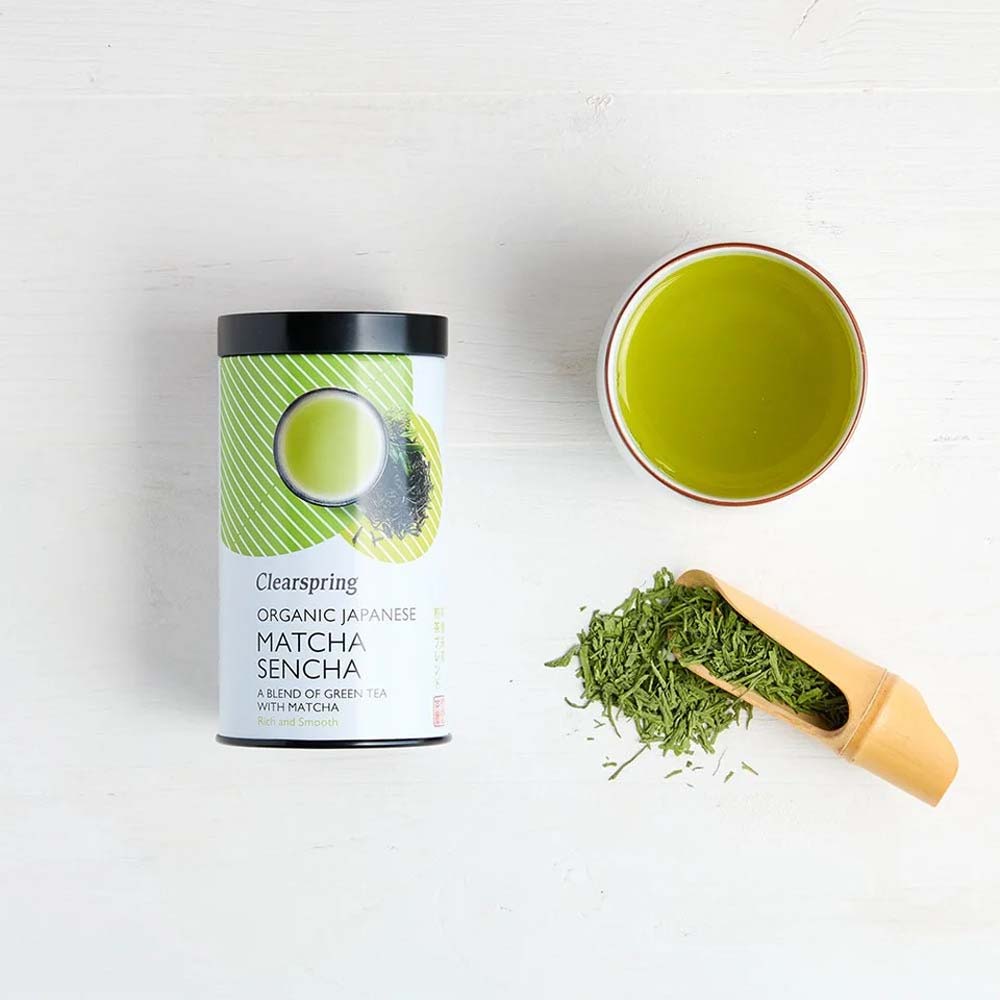 Clearspring organic Japanese Matcha Sencha with a cup of green tea 
