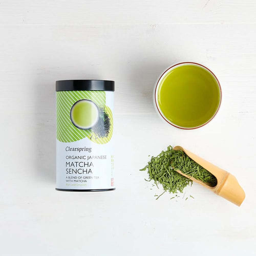 Clearspring organic Japanese Matcha Sencha with a cup of green tea 