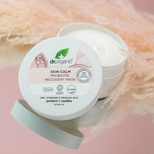 Dr. Organic Skin Calm Probiotic Recovery Mask jar on a soft pink background