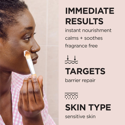 Woman applying Dr. Organic Skin Calm Probiotic Recovery Mask with text about immediate results and target skin type.