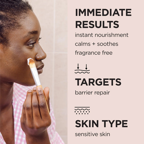 Woman applying Dr. Organic Skin Calm Probiotic Recovery Mask with text about immediate results and target skin type.