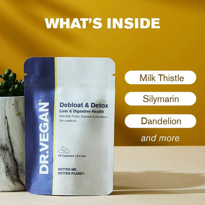 A  pouch of DR.VEGAN Debloat &amp; Detox capsules with list of ingredients milk thistle, silymarin and dandelion