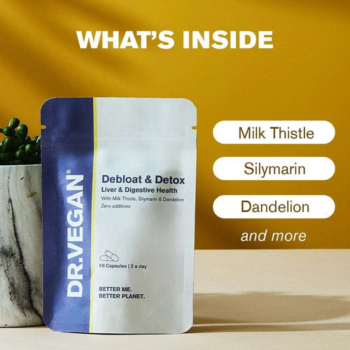 A  pouch of DR.VEGAN Debloat & Detox capsules with list of ingredients milk thistle, silymarin and dandelion