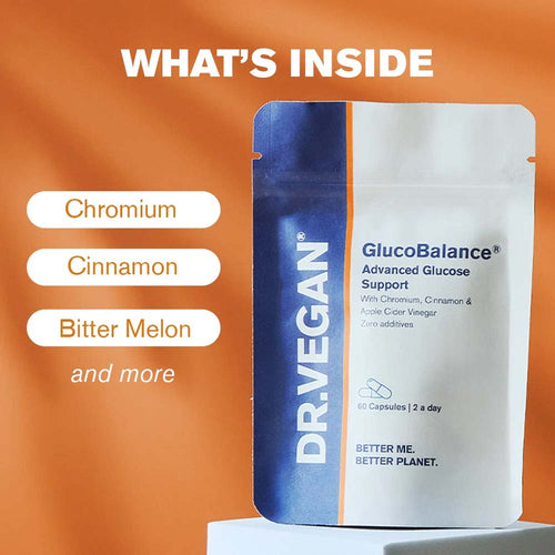 DR. VEGAN GlucoBalance supplement package with ingredients listed on an orange background