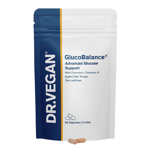 A pouch of DR.VEGAN GlucoBalance Advanced Glucose Support capsules