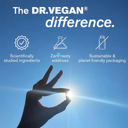 Promotional graphic for Dr. Vegan with icons and text on a blue background