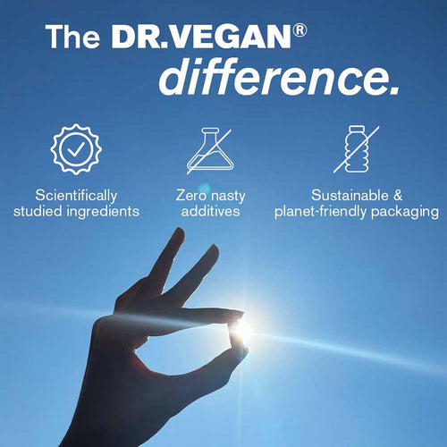 Promotional graphic for Dr. Vegan with icons and text on a blue background