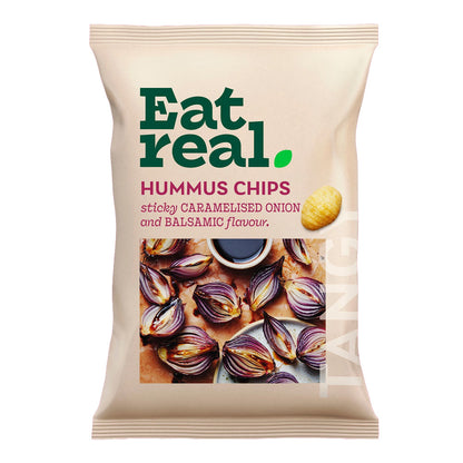A bag of Eat Real Hummus Chips, onion and balsamic vinegar flavour.