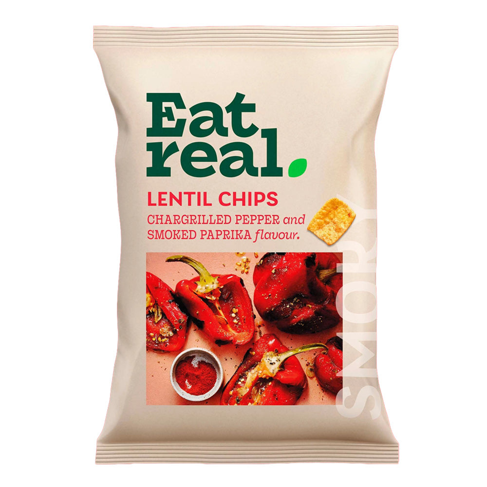 A bag of Eat real Lentil Chips, Chargrilled Pepper and Smoked Paprika flavour, on a plain white background.
