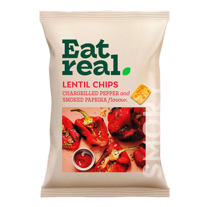 A bag of Eat real Lentil Chips, Chargrilled Pepper and Smoked Paprika flavour, on a plain white background.