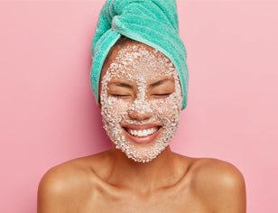 Smiling woman with face mask