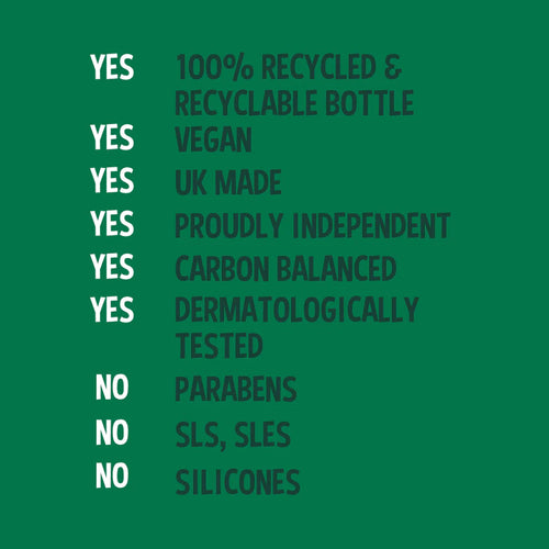 Green background with text highlighting product features and certifications.