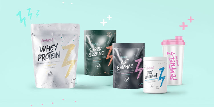 Selection of FemFuelz fitness products on turquoise background