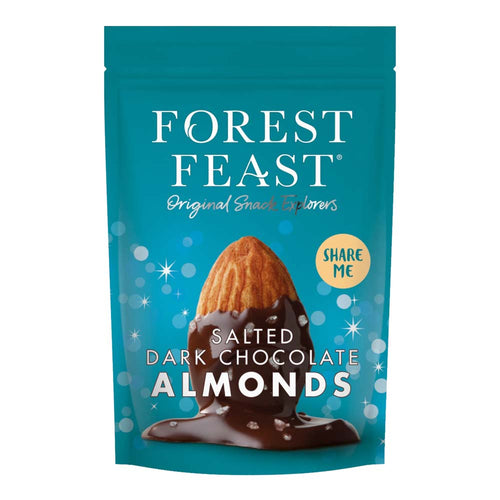 Teal pouch of Forest Feast Salted Dark Chocolate Almonds featuring an illustration of an almond dipped in melting dark chocolate with sea salt flakes.