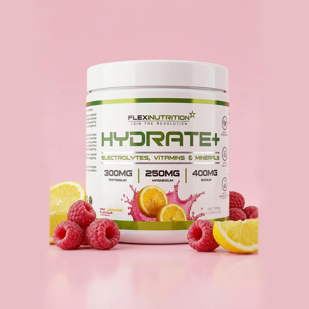 A white tub of Flexi Nutrition Hydrate+ supplement in pink lemonade flavour.