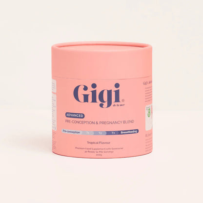 A pink cylindrical container of Gigi Advanced Pre-Conception &amp; Pregnancy Blend dietary supplement.