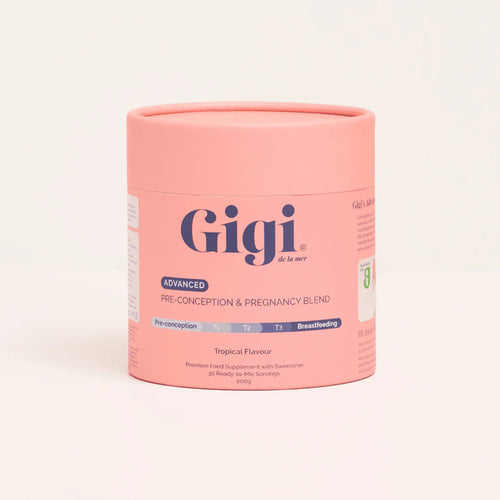 A pink cylindrical container of Gigi Advanced Pre-Conception & Pregnancy Blend dietary supplement.