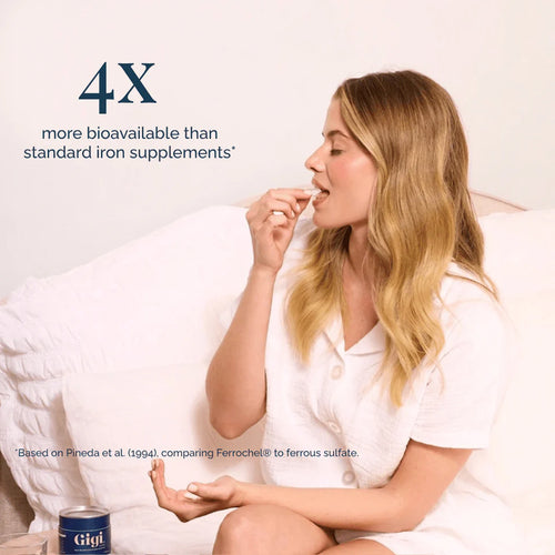 Woman taking a supplement with a container labeled &