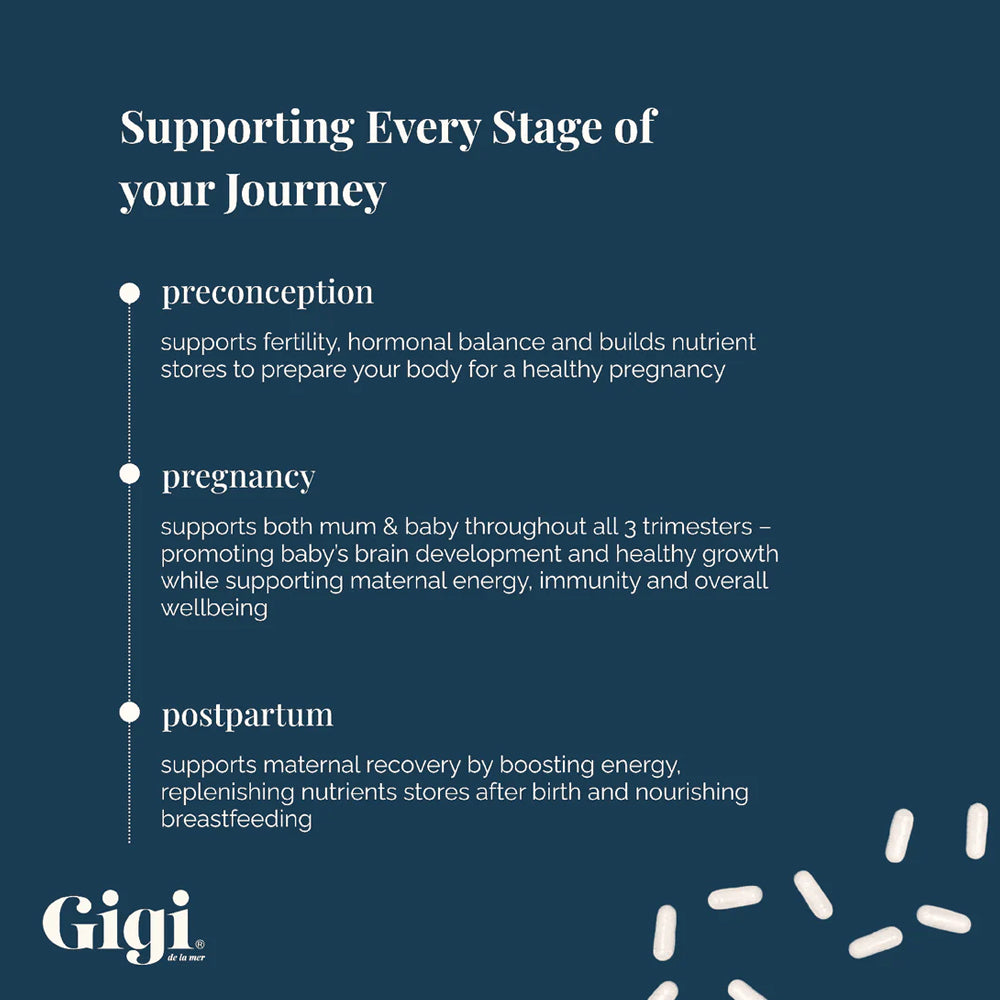Gigi product description card detailing stages of support for a journey, with a blue background and white text.