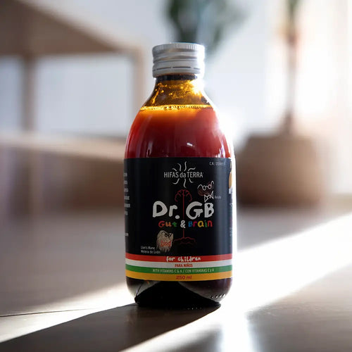 Bottle of Dr. GB on a surface with a blurred background