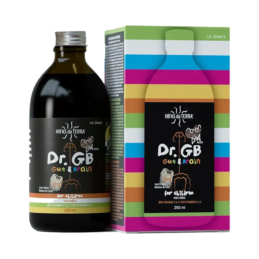Dr. GB Gut &amp; Brain supplement bottle and colorful packaging on a white background