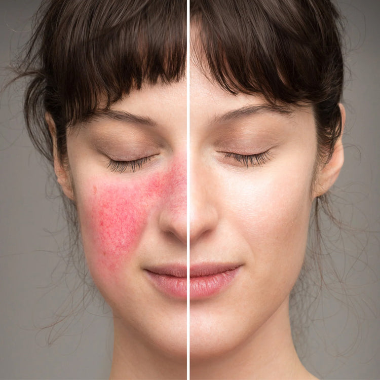 Close-up of a woman's face split vertically, with red, irritated skin on the left side and clear, healed skin on the right side.
