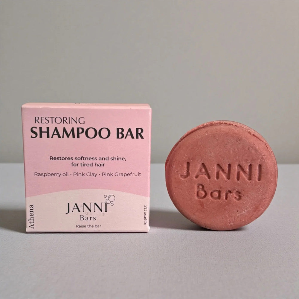 Janni Athena Restoring Shampoo Bar packaging and texture