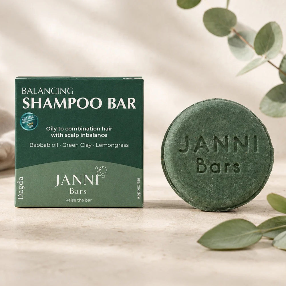 Janni Dagda Balancing Shampoo Bar packaging and texture