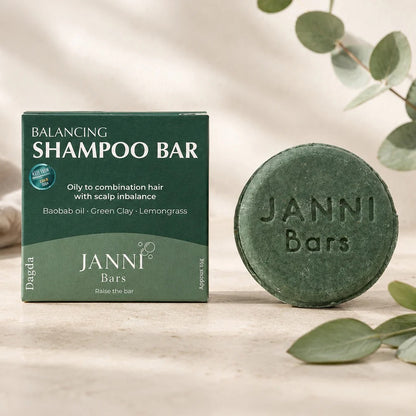 Janni Dagda Balancing Shampoo Bar packaging and texture