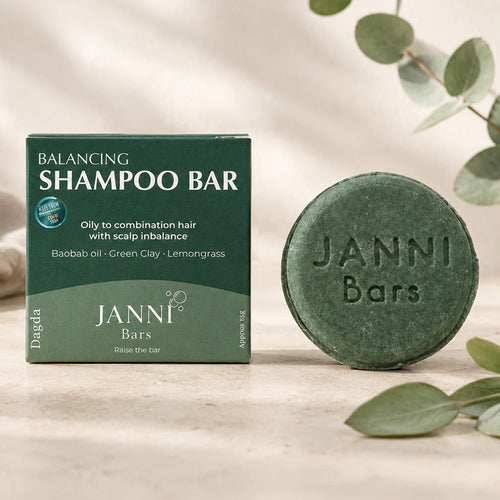 Janni Dagda Balancing Shampoo Bar packaging and texture