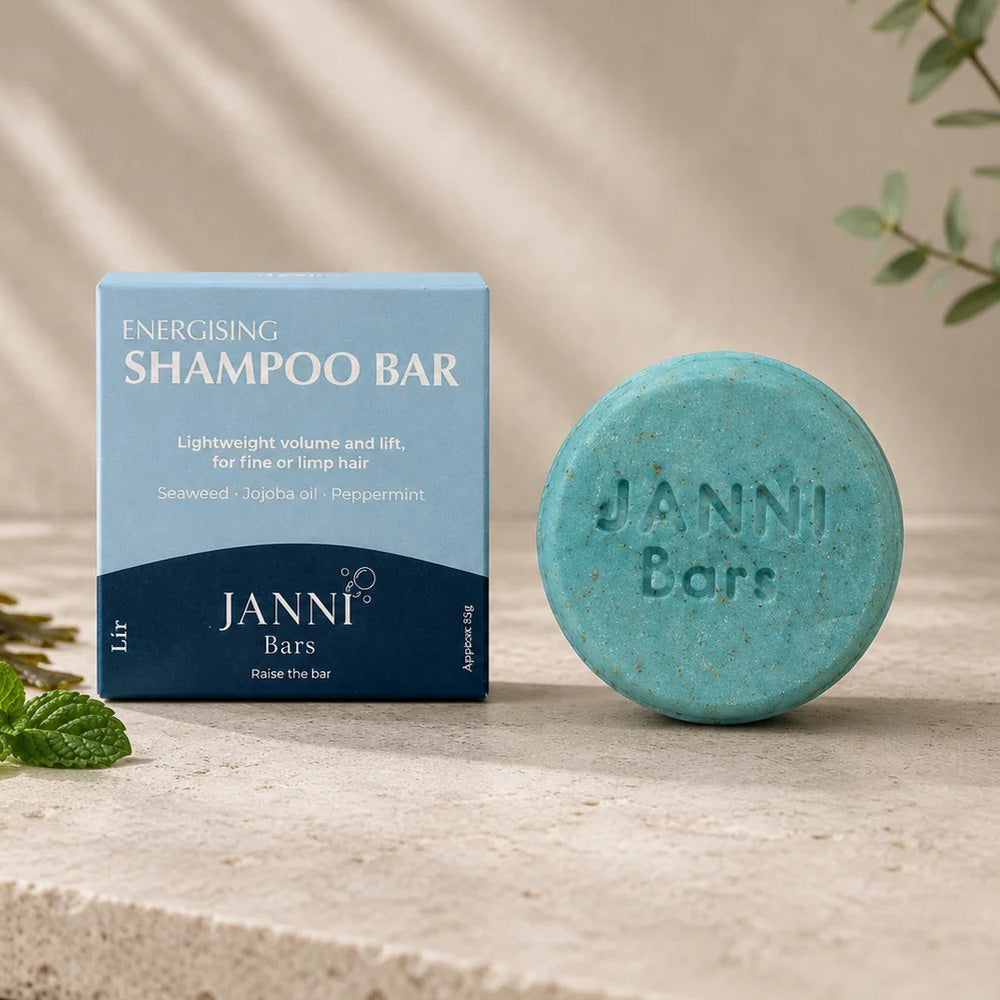 Janni Lir Energising Shampoo Bar packaging and texture