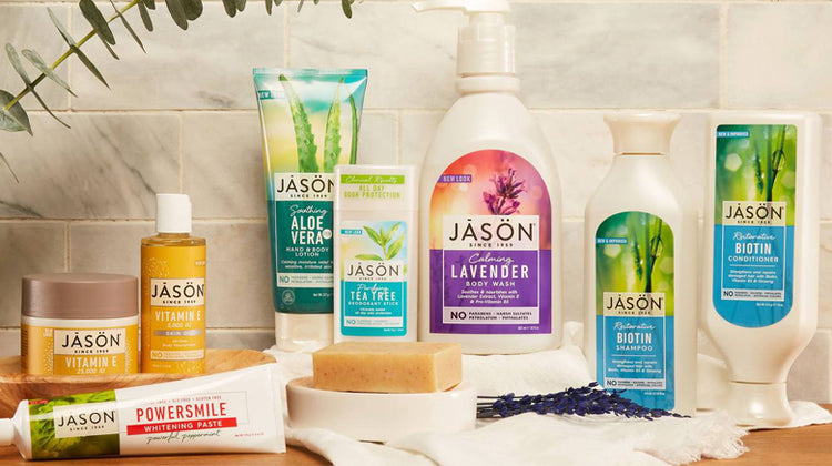 Selection of Jason skincare products in bathroom